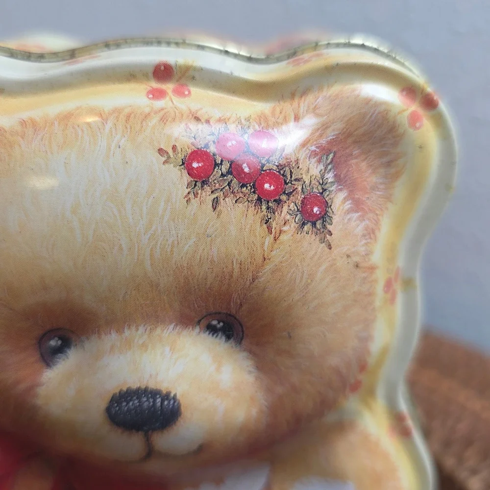 Vintage Christmas Teddy‎ Bear Shaped Tin Box Patchwork Quilt Print With Angel